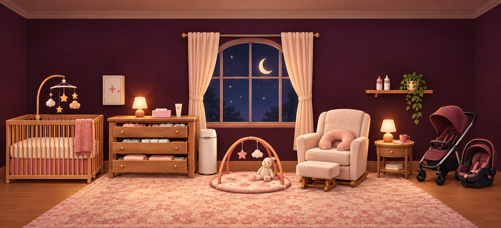 Illustration of baby Wells' nursery with a crib, dresser, glider chair, nightstand, play mat and stroller.